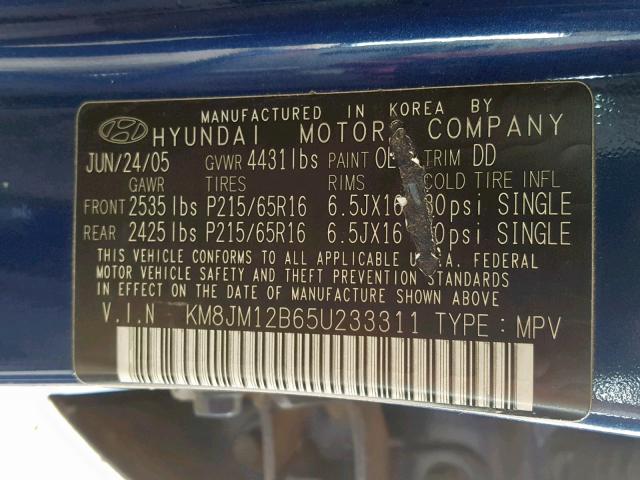 KM8JM12B65U233311 - 2005 HYUNDAI TUCSON GL BLUE photo 10