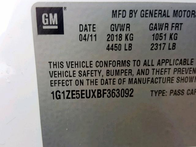 1G1ZE5EUXBF363092 - 2011 CHEVROLET MALIBU LTZ თეთრი ფოტო 10