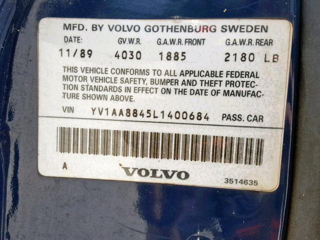 YV1AA8845L1400684 - 1990 VOLVO 240 BASE BLUE photo 10