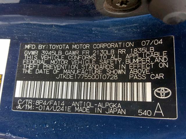 JTKDE177550010728 - 2005 TOYOTA SCION TC ლურჯი ფოტო 10