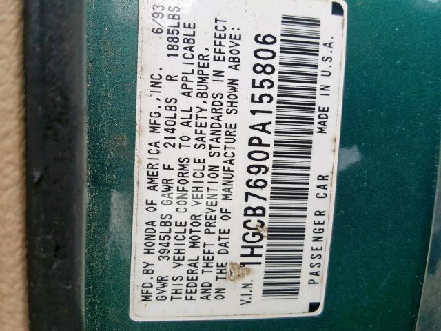 1HGCB7690PA155806 - 1993 HONDA ACCORD 10T GREEN photo 10