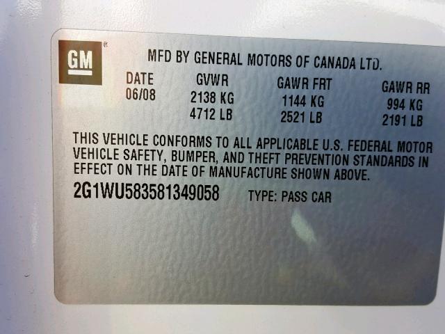 2G1WU583581349058 - 2008 CHEVROLET IMPALA LTZ WHITE photo 10