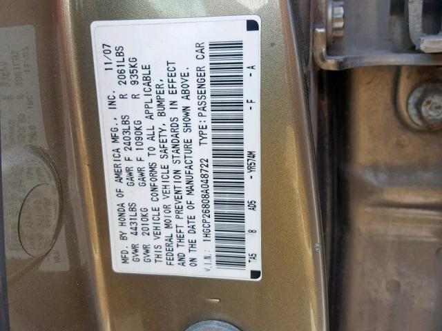 1HGCP26808A048722 - 2008 HONDA ACCORD EXL GOLD photo 10