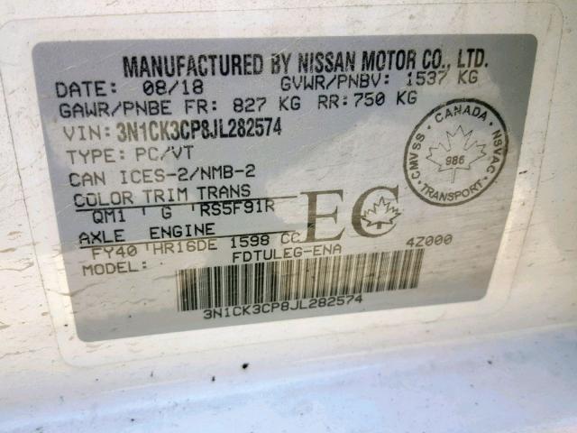 3N1CK3CP8JL282574 - 2018 NISSAN MICRA WHITE photo 10