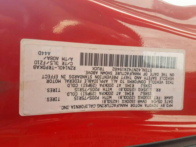 5TENL42N74Z419482 - 2004 TOYOTA TACOMA RED photo 10
