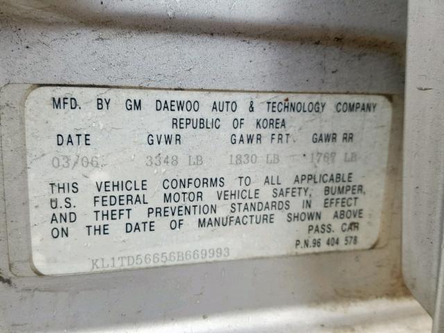 KL1TD56656B669993 - 2006 CHEVROLET AVEO BASE Gümüş foto 10