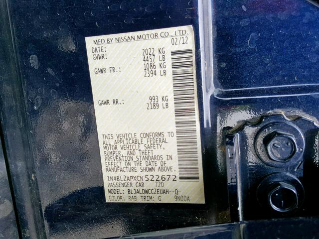 1N4BL2APXCN522672 - 2012 NISSAN ALTIMA SR BLUE photo 10