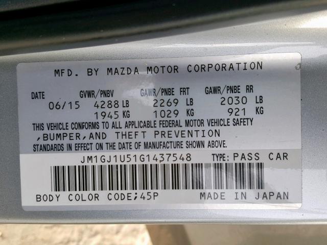 JM1GJ1U51G1437548 - 2016 MAZDA 6 SPORT SILVER photo 10