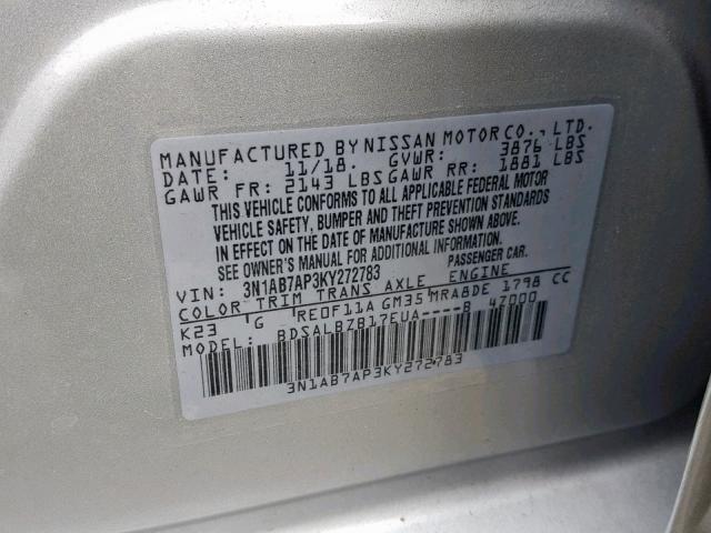 3N1AB7AP3KY272783 - 2019 NISSAN SENTRA S GRAY photo 10