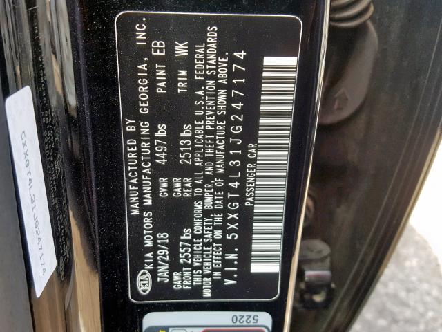 5XXGT4L31JG247174 - 2018 KIA OPTIMA LX BLACK photo 10