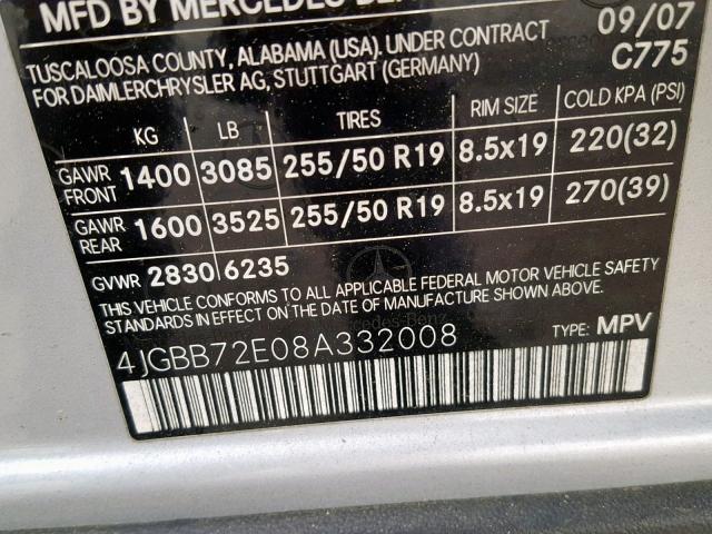 4JGBB72E08A332008 - 2008 MERCEDES-BENZ ML 550 SILVER photo 10