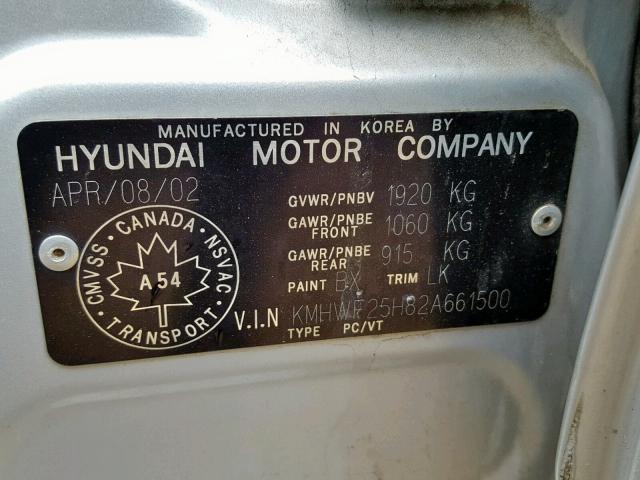 KMHWF25H82A661500 - 2002 HYUNDAI SONATA GL SILVER photo 10