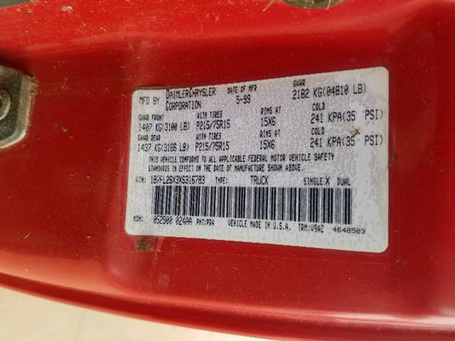 1B7FL26X3XS316783 - 1999 DODGE DAKOTA RED photo 10