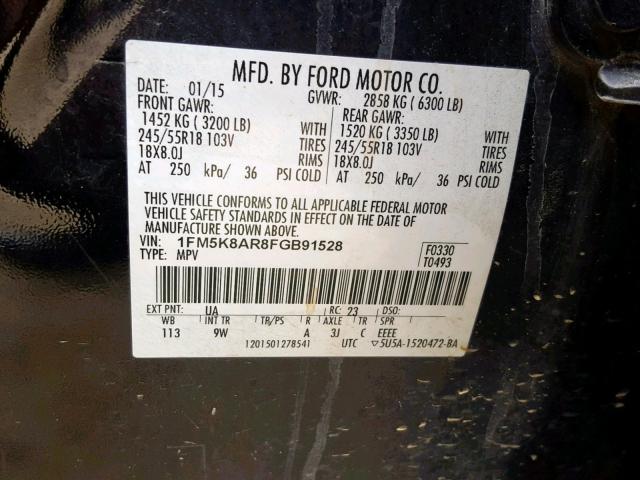 1FM5K8AR8FGB91528 - 2015 FORD EXPLORER P BLACK photo 10