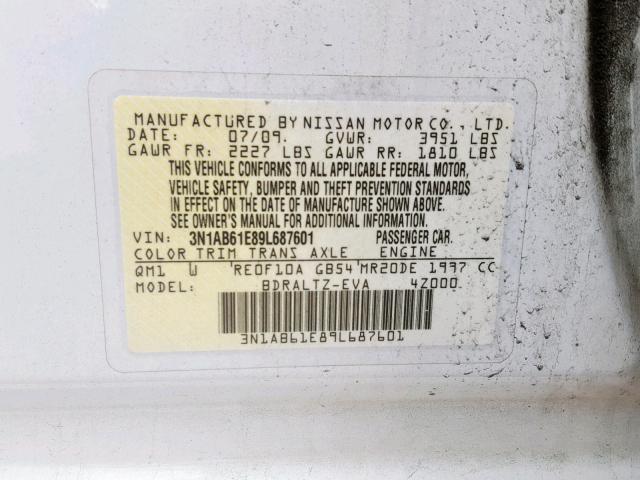 3N1AB61E89L687601 - 2009 NISSAN SENTRA 2.0 WHITE photo 10