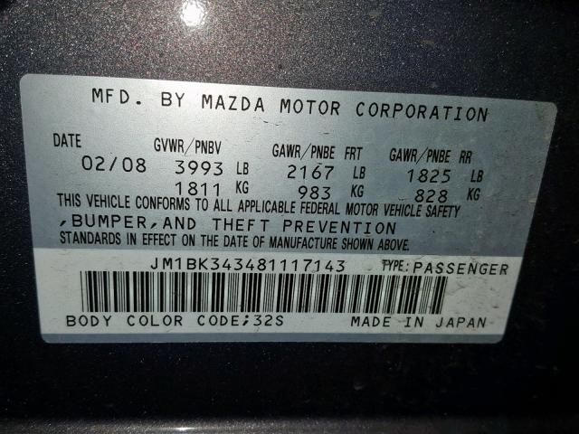 JM1BK343481117143 - 2008 MAZDA 3 HATCHBAC GRAY photo 10