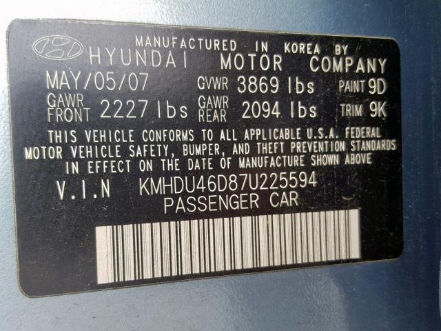 KMHDU46D87U225594 - 2007 HYUNDAI ELANTRA GL BLUE photo 10