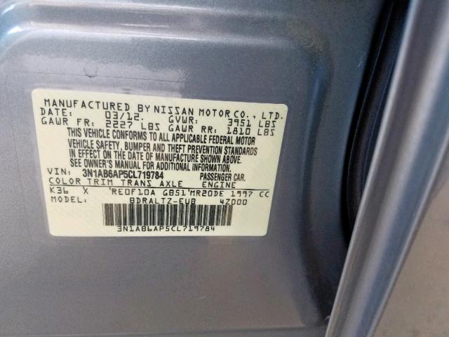 3N1AB6AP5CL719784 - 2012 NISSAN SENTRA 2.0 SILVER photo 10