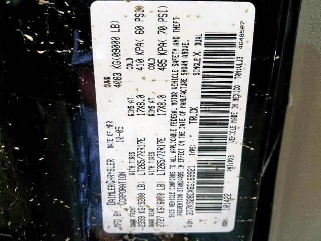 3D7KS28CX6G169921 - 2006 DODGE RAM 2500 S შავი ფოტო 10