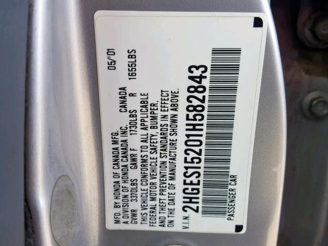 2HGES15201H582843 - 2001 HONDA CIVIC DX SILVER photo 10