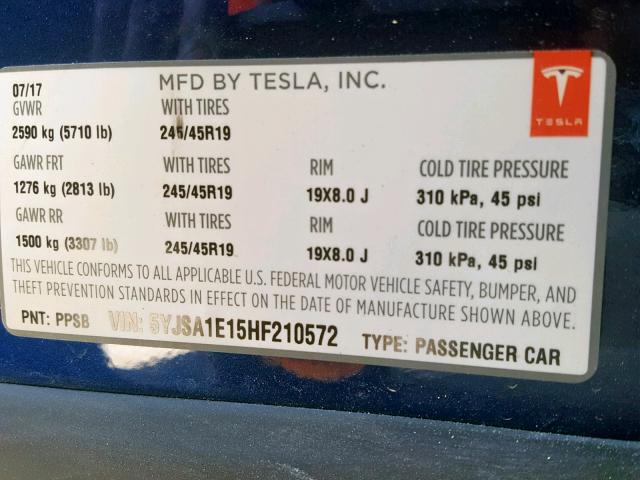 5YJSA1E15HF210572 - 2017 TESLA MODEL S BLUE photo 10