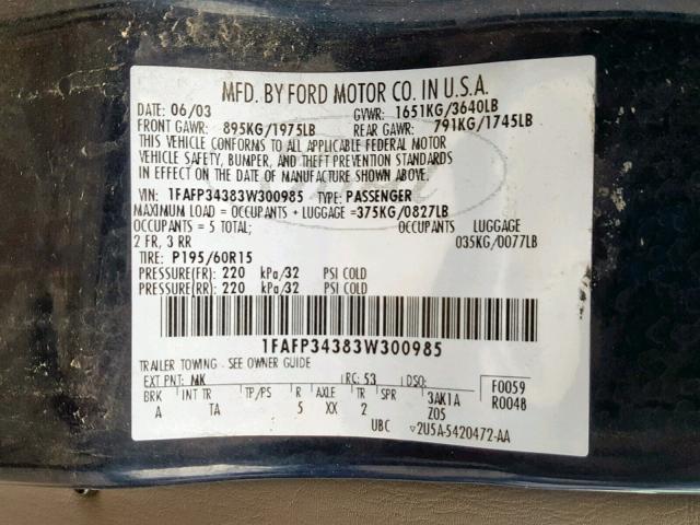 1FAFP34383W300985 - 2003 FORD FOCUS SE C BLUE photo 10