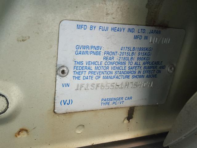 JF1SF65561H754091 - 2001 SUBARU FORESTER S GOLD photo 10