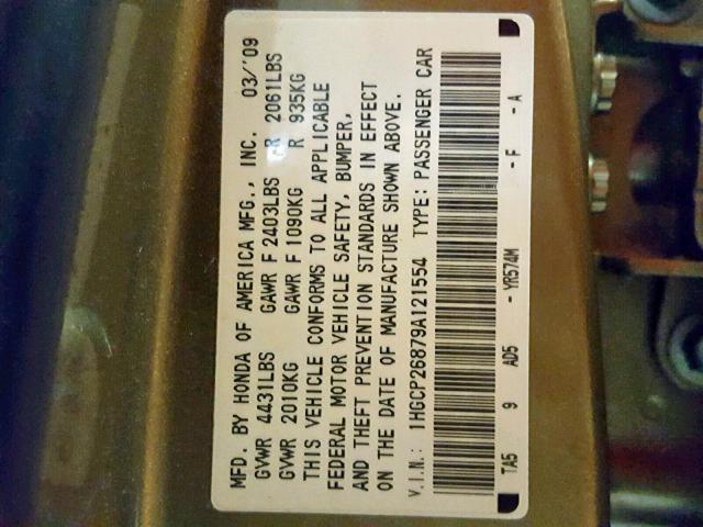 1HGCP26879A121554 - 2009 HONDA ACCORD EXL GOLD photo 10