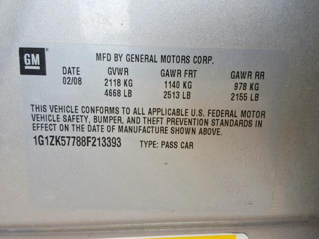 1G1ZK57788F213393 - 2008 CHEVROLET MALIBU LTZ ვერცხლისფერი ფოტო 10