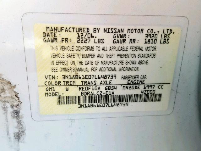 3N1AB61E07L648739 - 2007 NISSAN SENTRA 2.0 WHITE photo 10