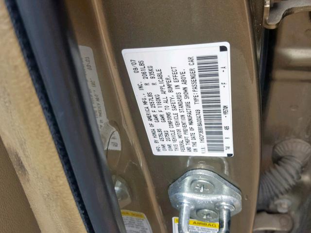 1HGCP36818A004749 - 2008 HONDA ACCORD EXL GOLD photo 10