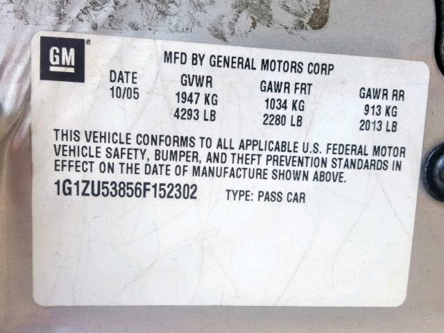 1G1ZU53856F152302 - 2006 CHEVROLET MALIBU LTZ ვერცხლისფერი ფოტო 10