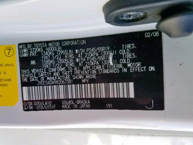 JTEES43A982067381 - 2008 TOYOTA HIGHLANDER SILVER photo 10