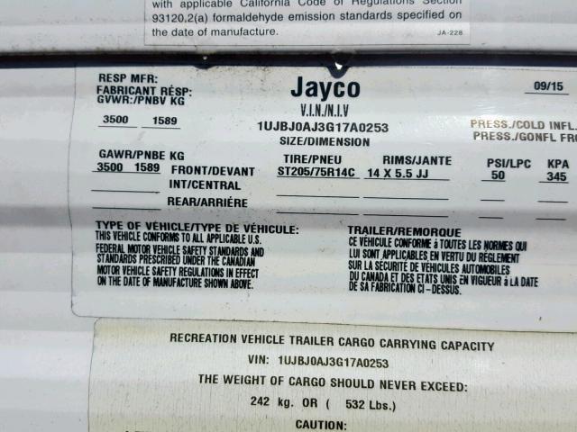 1UJBJ0AJ3G17A0253 - 2016 JAYCO TRVL TRL TWO TONE photo 10