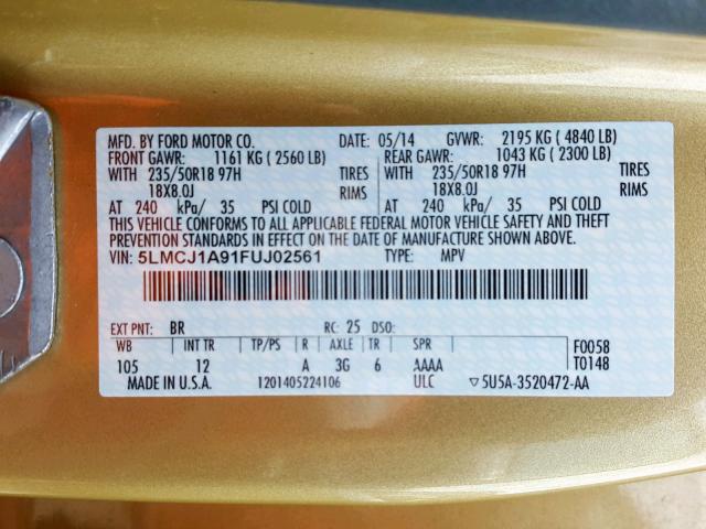 5LMCJ1A91FUJ02561 - 2015 LINCOLN MKC GOLD photo 10