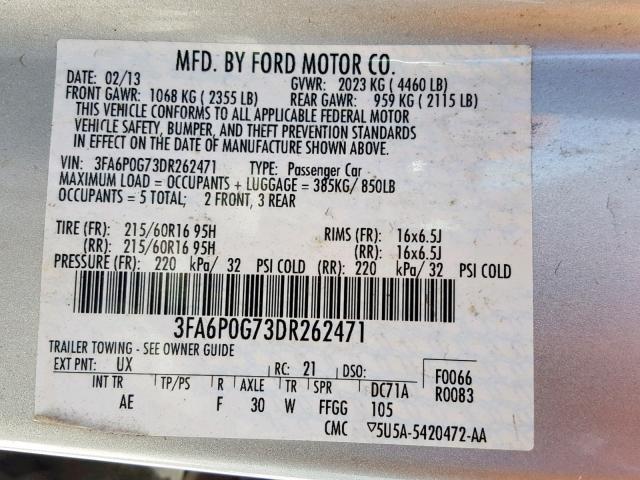 3FA6P0G73DR262471 - 2013 FORD FUSION S SILVER photo 10