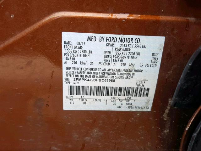 2FMPK4J93HBC63988 - 2017 FORD EDGE SEL BROWN photo 10