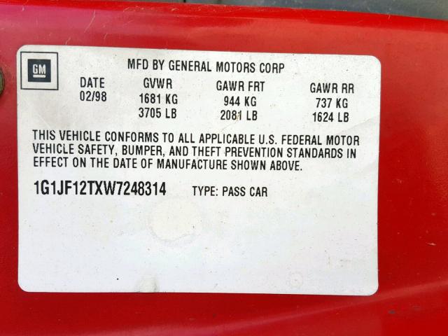 1G1JF12TXW7248314 - 1998 CHEVROLET CAVALIER Z RED photo 10