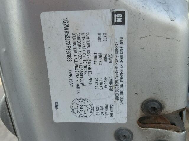 1G2WK52J72F197888 - 2002 PONTIAC GRAND PRIX SILVER photo 10