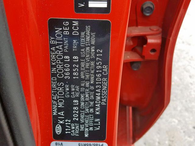 KNADM4A31D6195712 - 2013 KIA RIO LX RED photo 10