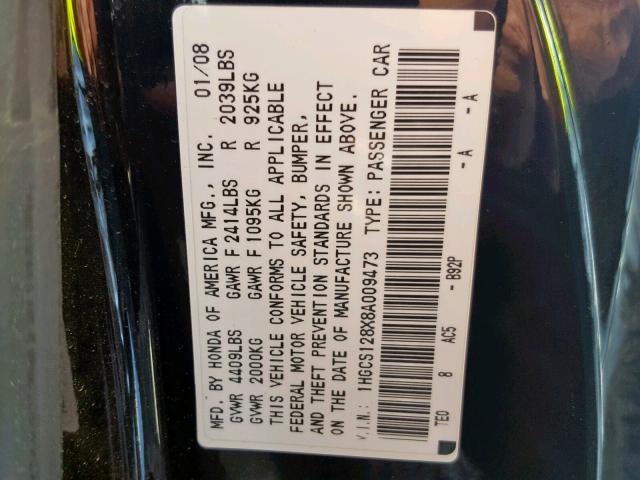 1HGCS128X8A009473 - 2008 HONDA ACCORD EXL BLACK photo 10