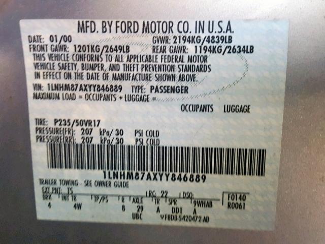 1LNHM87AXYY846889 - 2000 LINCOLN LS SILVER photo 10