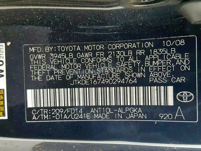 JTKDE167490294764 - 2009 TOYOTA SCION TC შავი ფოტო 10