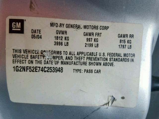 1G2NF52E74C253948 - 2004 PONTIAC GRAND AM S SILVER photo 10