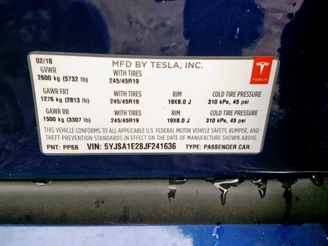 5YJSA1E28JF241636 - 2018 TESLA MODEL S أزرق صورة 10