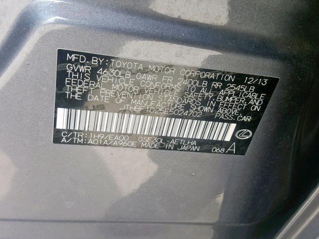 JTHBF1D25E5024702 - 2014 LEXUS IS 250 GRAY photo 10