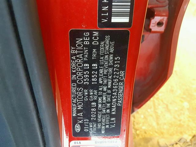 KNADN5A36D6227315 - 2013 KIA RIO EX RED photo 10