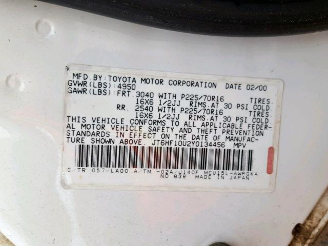 JT6HF10U2Y0134456 - 2000 LEXUS RX 300 CREAM photo 10