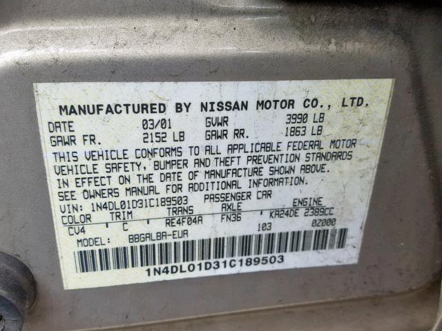 1N4DL01D31C189503 - 2001 NISSAN ALTIMA XE GOLD photo 10