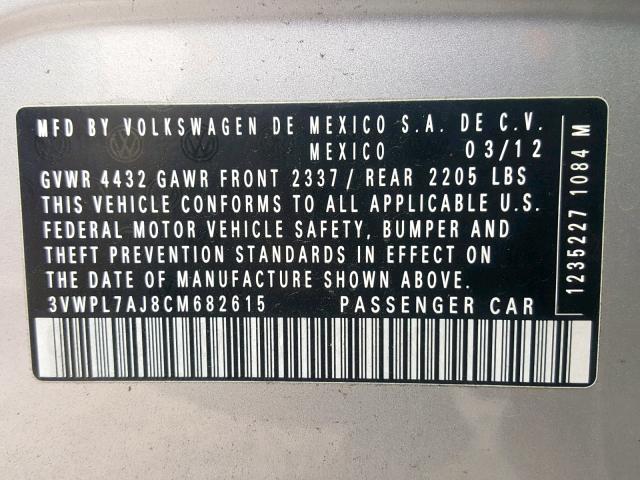 3VWPL7AJ8CM682615 - 2012 VOLKSWAGEN JETTA TDI SILVER photo 10